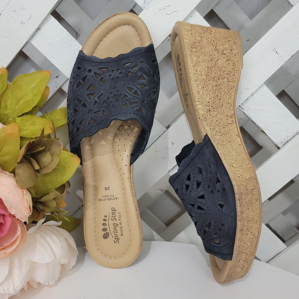 Spring Step Blue Leather Laser Cut Cork Wedges Size  39 or 8.5